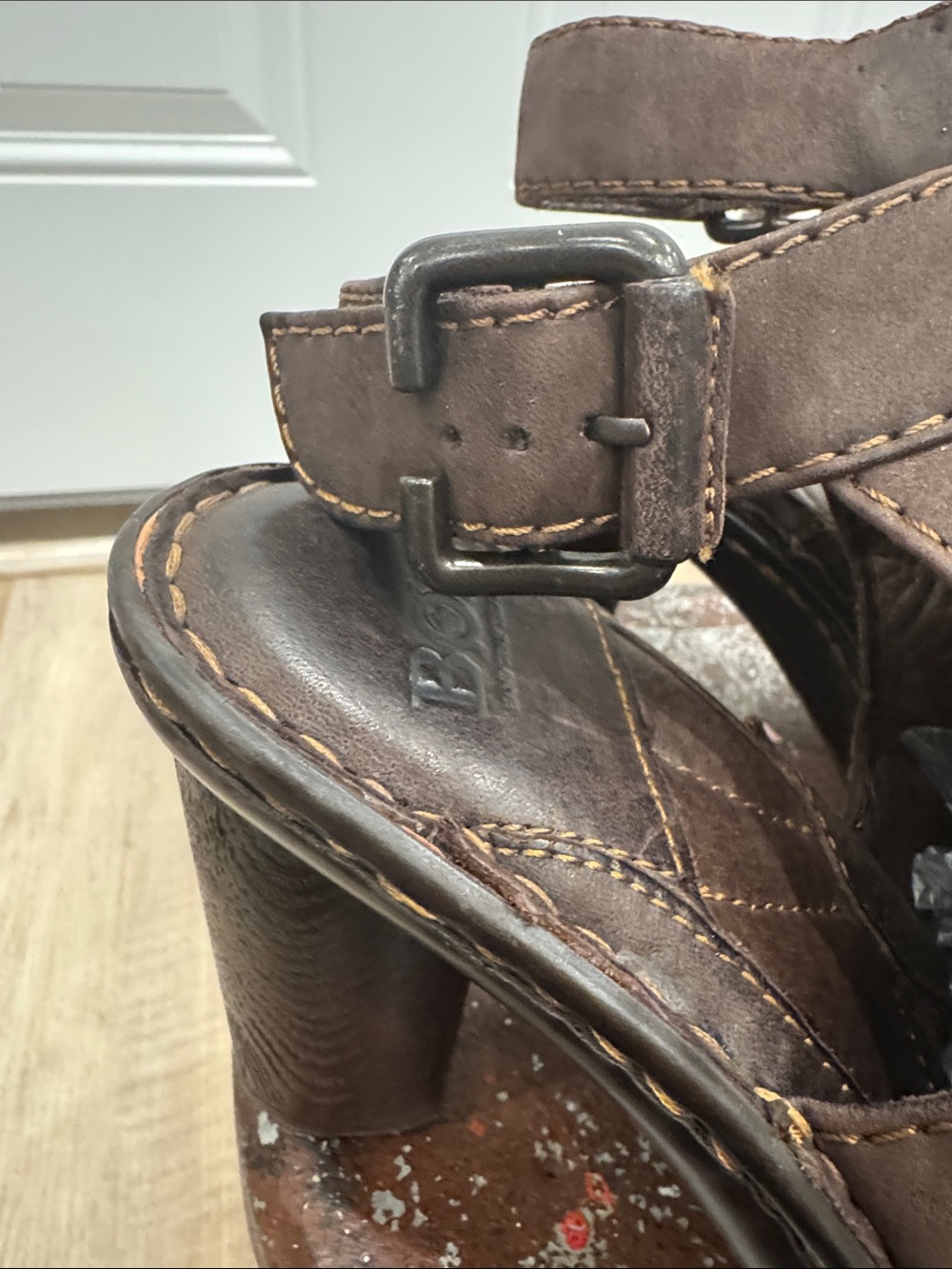 Born Brown Leather Chunky 3” Heel Buckle Sling-back Mules - Picture 2 of 16